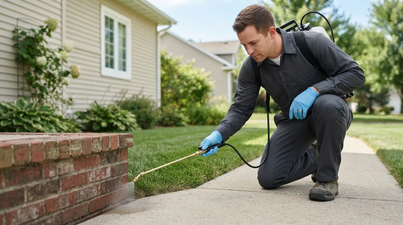 Pest control technician treating a home near Moyers, OK
